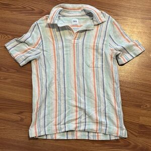 Zara Striped Polo Collared Button Up Short Sleeve‎ Shirt Size S NWOT Beach